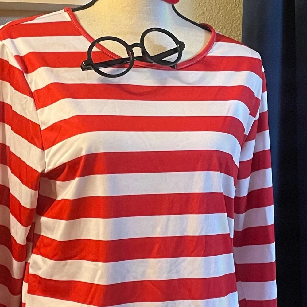 NWT WHERES WALDO? Adult red-white striped book character costume cane & glasses - Picture 2 of 3